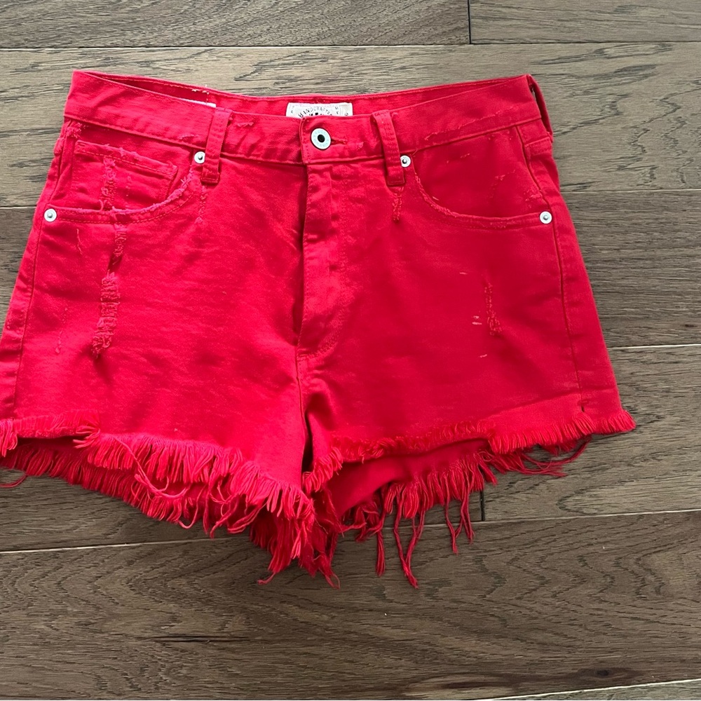 Red Distressed Fringe Women's Lucky Denim Shorts